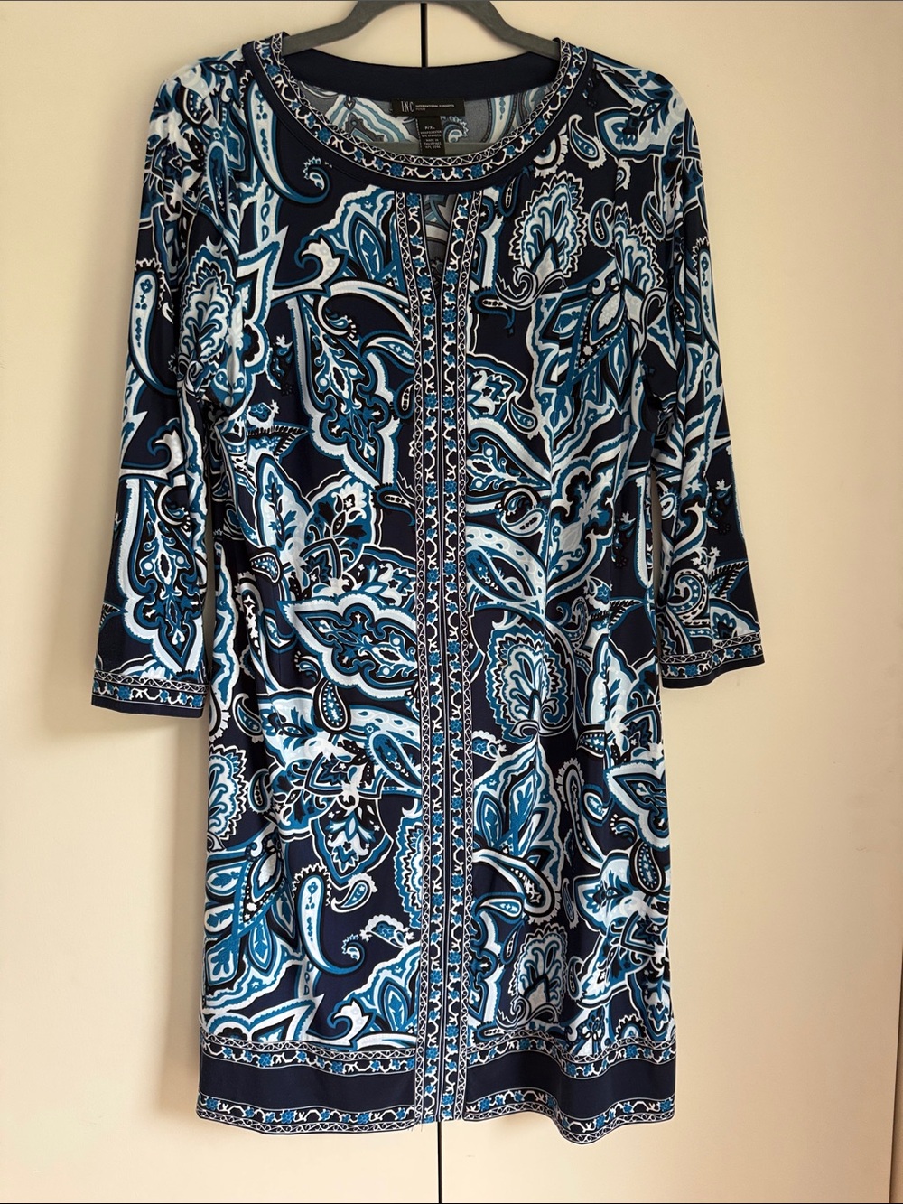 INC International Concepts Navy Blue and Light Blue Paisley Long Sleeve Dress